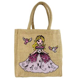  A small jute shoulder bag for girls featuring a colorful princess design with butterflies. The bag has a pink princess girl carrying a jute pocket basket.