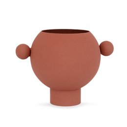 Terracotta round vase with two spherical handles, suitable for home decor.