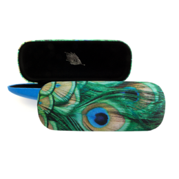 Peacock feather-patterned spectacle case in a vibrant blue color.
