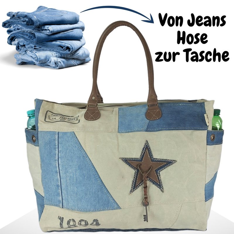Bolso de fin de semana vintage Sunsa. Bolso de baño/bolsa de deporte shopper XXL.Bolso de lona y jeans reciclados. Bolso de hombro sostenible