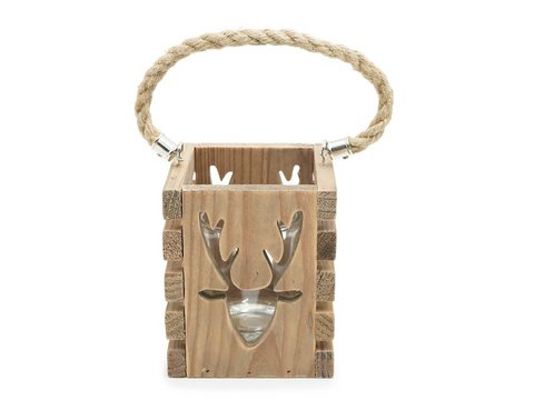Wooden lantern with deer design 11x11x13cm