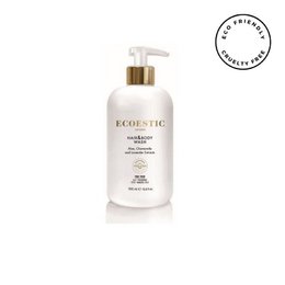  A 6-pack of 500 ml hair and body wash bottles. The product is white with a pump dispenser. The label features the brand name "Ecostic" in a simple, minimalist design.