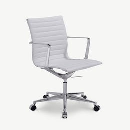 White PU leather office chair with adjustable swivel base and casters for mobility.