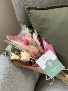 Klein droogbloemenboeket met kaart - Bonjour