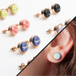 Stainless steel stud earrings with a mother-of-pearl look, available in various metal colors and stone colors including yellow, silver, rose gold, white, blue, pink, green, and more. The earrings have an 8mm size.