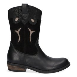 Black cowboy boots with suede upper and leather trim. Features a round toe, pull-on design, and low heel. Suitable for casual wear.