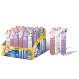 Colorful unicorn-themed soap bubble bottles with whimsical designs. Ideal for sensory play and entertainment.