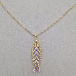 Beaded necklace with yellow purple fish pendant, gold chain, Miyuki beads, delicate jewelry