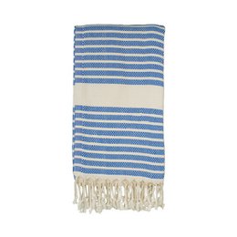 Soft, absorbent hammam towel in a classic blue and white striped pattern with tasseled edges. Ideal for use as a beach towel, bath towel, or decorative accent.