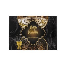 Black and gold luxury bakhoor incense box, ornate Arabic design, premium fragrance packaging