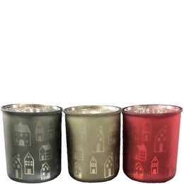 Glass lantern with 3 motifs, measuring 15cm in height, available in gold, red, and black colors.