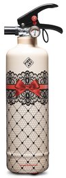 "Fire extinguisher with Moulin Rouge design, featuring ornate patterns and decorative elements."

The fire extinguisher features an ornate, decorative design inspired by the Moulin Rouge. The pattern includes intricate floral and geometric motifs in a vintage, Parisian style. The extinguisher has a cylindrical shape and appears to be made of metal or a durable material.