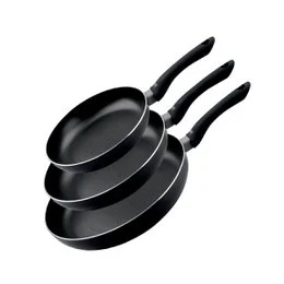 Set of 3 black frying pans with honeycomb bottom and a black oil dispenser.
The set of 3 frying pans are made of a durable black material, likely non-stick, with a honeycomb pattern on the bottom. The pans come in 3 different sizes - 20 cm, 24 cm, and 28 cm. The oil dispenser is also black in color.