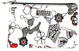 A large flat purse in black, red, and white with a pattern of various floral and abstract designs.