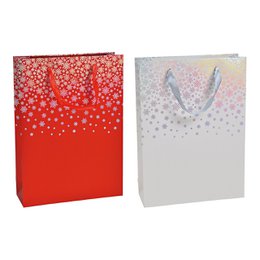  A red and white gift bag with snowflake decor made of paper or cardboard. The bag measures 25x34x8cm and is suitable for gift-giving.