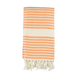 Orange and white striped hammam towel with tassels.