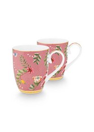 Set of 2 large 350ml pink mugs with floral and leaf pattern design.