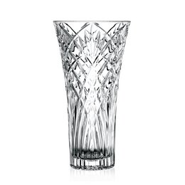 Tall, elegant crystal vase with intricate diamond-shaped patterns and vertical lines, suitable for displaying flowers or as a decorative piece.