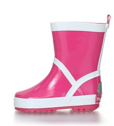 Pink rubber rain boots with white trim. Suitable for babies and toddlers. Available in sizes 20/21 to 34/35.