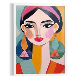  Colorful abstract portrait of a woman with geometric shapes and patterns. The artwork features vibrant colors, bold lines, and a stylized depiction of a female face.