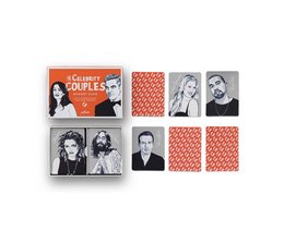  A set of 8 square cards featuring black and white portraits of celebrity couples, with a red and white patterned background. The cards appear to be part of a game or memorization activity focused on famous celebrity relationships.