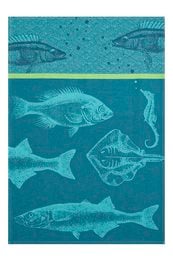 Teal and green tea towels featuring various fish designs, including a round fish, a long fish, and a fish with fins. The towels have a vintage, textured appearance.