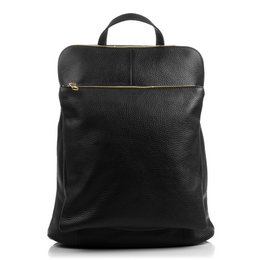  Black genuine leather backpack bag with zipper closure and adjustable straps. Suitable for everyday use or travel.
