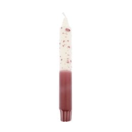 Tall, round dinner candle in a white and purple dip-dye design with confetti-like accents.