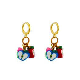  Colorful heart-shaped drop earrings with gold-tone hardware.

The product images show a pair of drop earrings featuring heart-shaped charms in vibrant colors including red, blue, and green. The earrings have a gold-tone metal hardware. This description would be suitable for including in a semantic search for products related to the search term "heart" or "colorful jewelry".