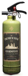 "A green fire extinguisher with a Chardonnay wine label design. The extinguisher features a black handle and nozzle."