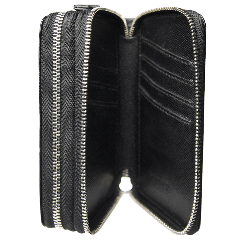 8 Credit Card Dual-Zip Saffiano Leather Wallet Black