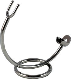 A metal stand for holding straight razors, safety razors, or wet razors. The stand has a curved, looped design with a circular base.