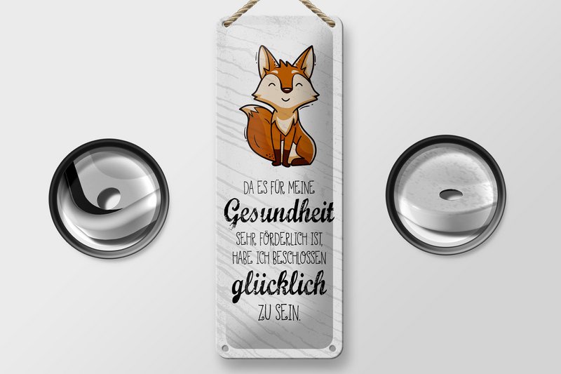 Blechschild Spruch 27x10 cm für Gesundheit förderlich glücklich zu sein Schild