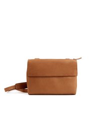 A plaid shoulder bag in black, red, and cognac colors. The bag has a rectangular shape and a strap for cross-body wear.