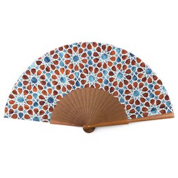  A folding fan with a colorful geometric pattern in shades of blue, orange, and brown, featuring a natural wood frame.
