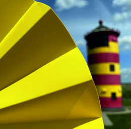  A yellow, opaque hand fan with a striped pattern, suitable for use in warm weather.