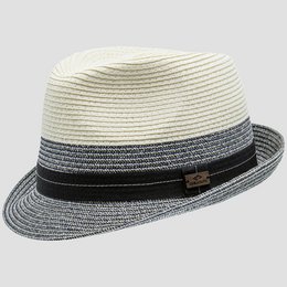 A stylish trilby hat in a beige and navy color combination, featuring a braided straw-like texture and a contrasting band around the crown. The hat is available in sizes S-M and L-XL, providing a versatile fit for different head sizes.