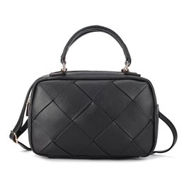  Quilted leather handbag with top handle and crossbody strap, available in black, camel, and white.