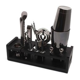 Premium cocktail shaker set with 17 pieces including shaker, jigger, strainer, and other essential bartending tools in a sleek black design.
