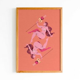 Vibrant abstract wall art featuring a dynamic figure in shades of pink and purple, with geometric shapes and lines creating a sense of movement and energy.