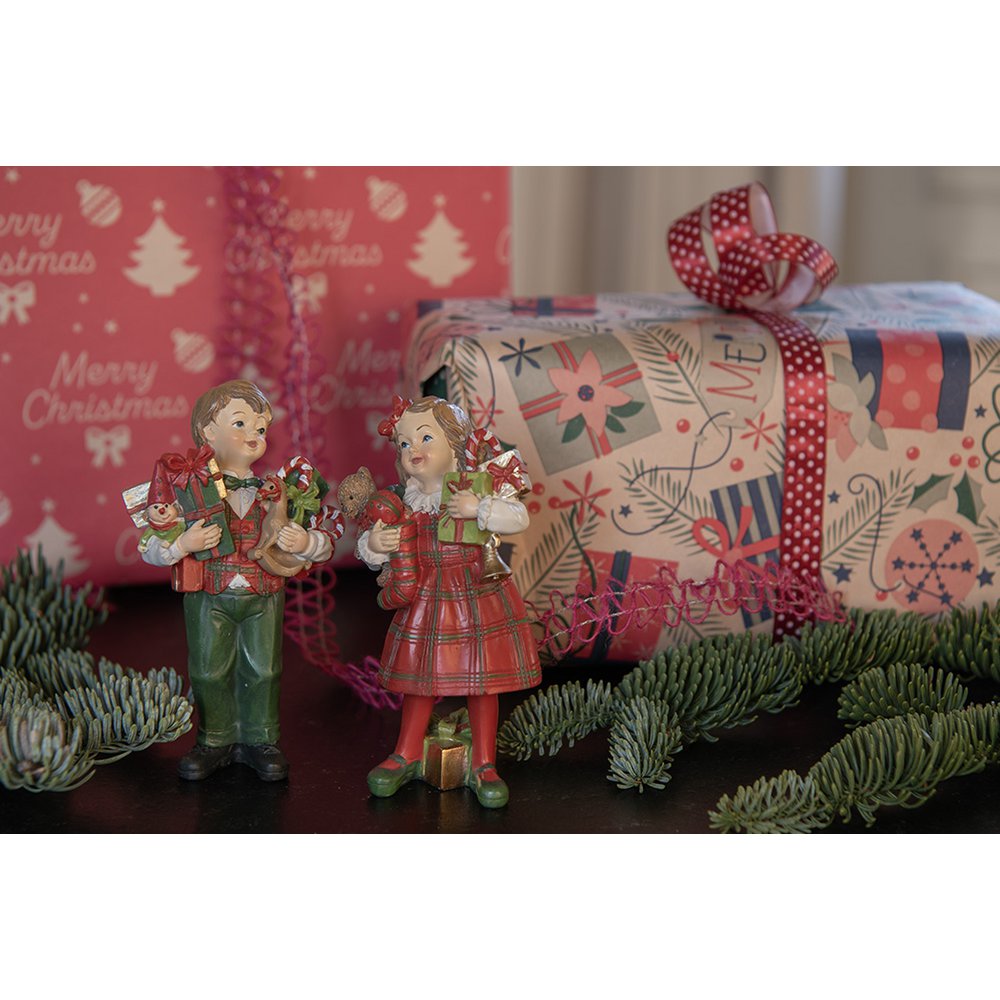 Decoratie Beeld Kinderen set van 2 / 13 cm Rood Groen Polyresin Kerstdecoratie