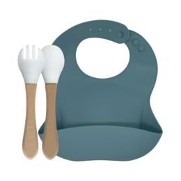 Petrol-colored silicone bib with bamboo cutlery set, suitable for babies and toddlers.