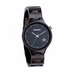 Ebony wood watch with a sleek, minimalist design. Features a black dial and a sturdy wooden bracelet.