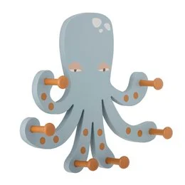 A blue and gray octopus-shaped coat rack with multiple hooks for hanging clothes or accessories.