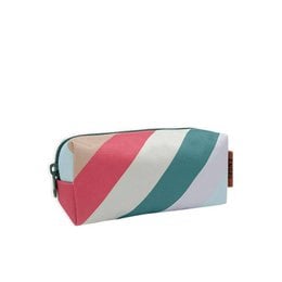 A colorful striped pencil case with a zipper closure, suitable for storing and organizing school or office supplies.