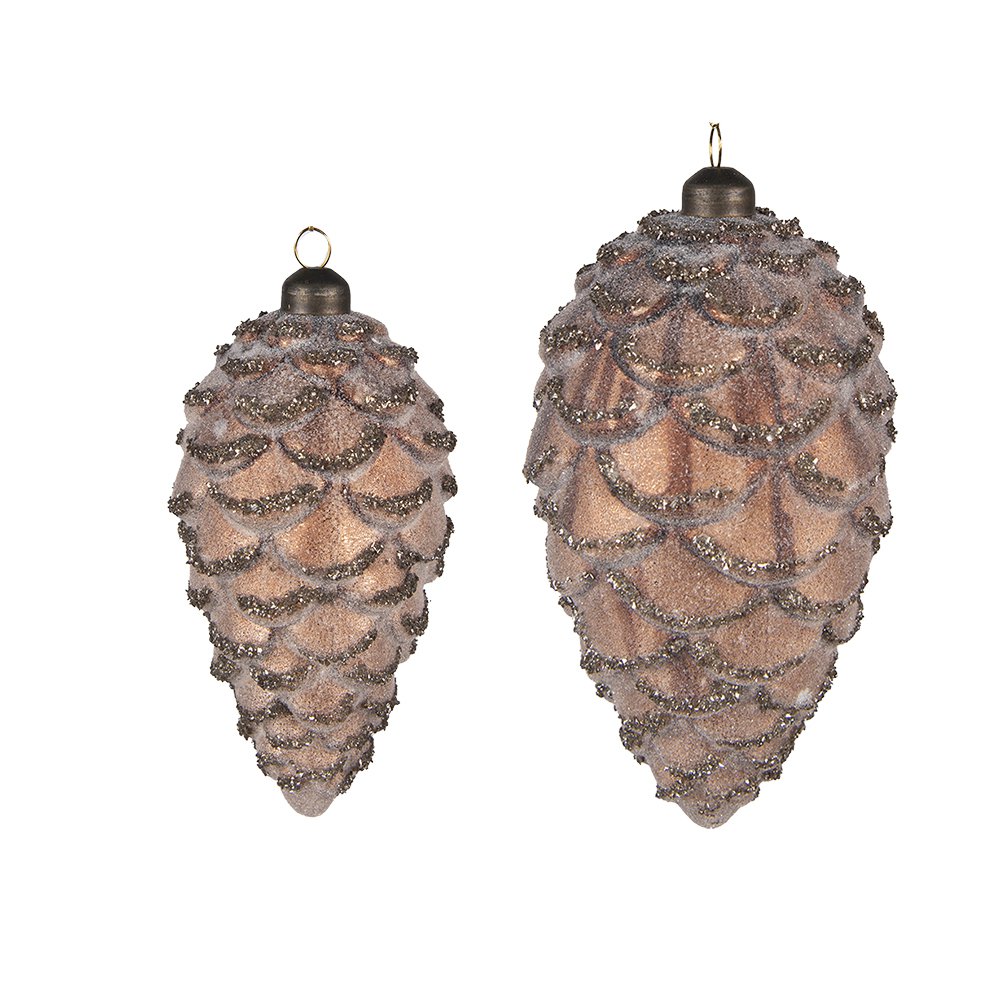 Kerstbal Set van 2 Dennenappel Ø 9 / Ø 7 cm Bruin Glas Kerstdecoratie