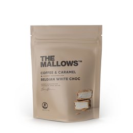 Organic marshmallows with coffee and caramel flavors, packaged in a tan pouch with the brand name "The Mallows" printed on it.