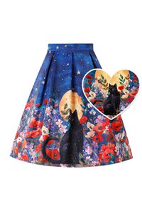 EU STOCK Aisley Black Cat Midnight Garden Pleated Midi Skirt