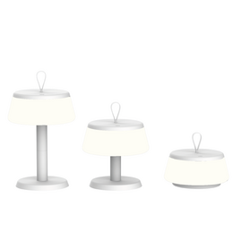  White 3-in-1 modular table lamp, adjustable heights, modern minimalist design, stackable bases.