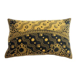  Rectangular decorative cushion with a traditional Kantha embroidery design featuring intricate patterns in shades of yellow, black, and white.